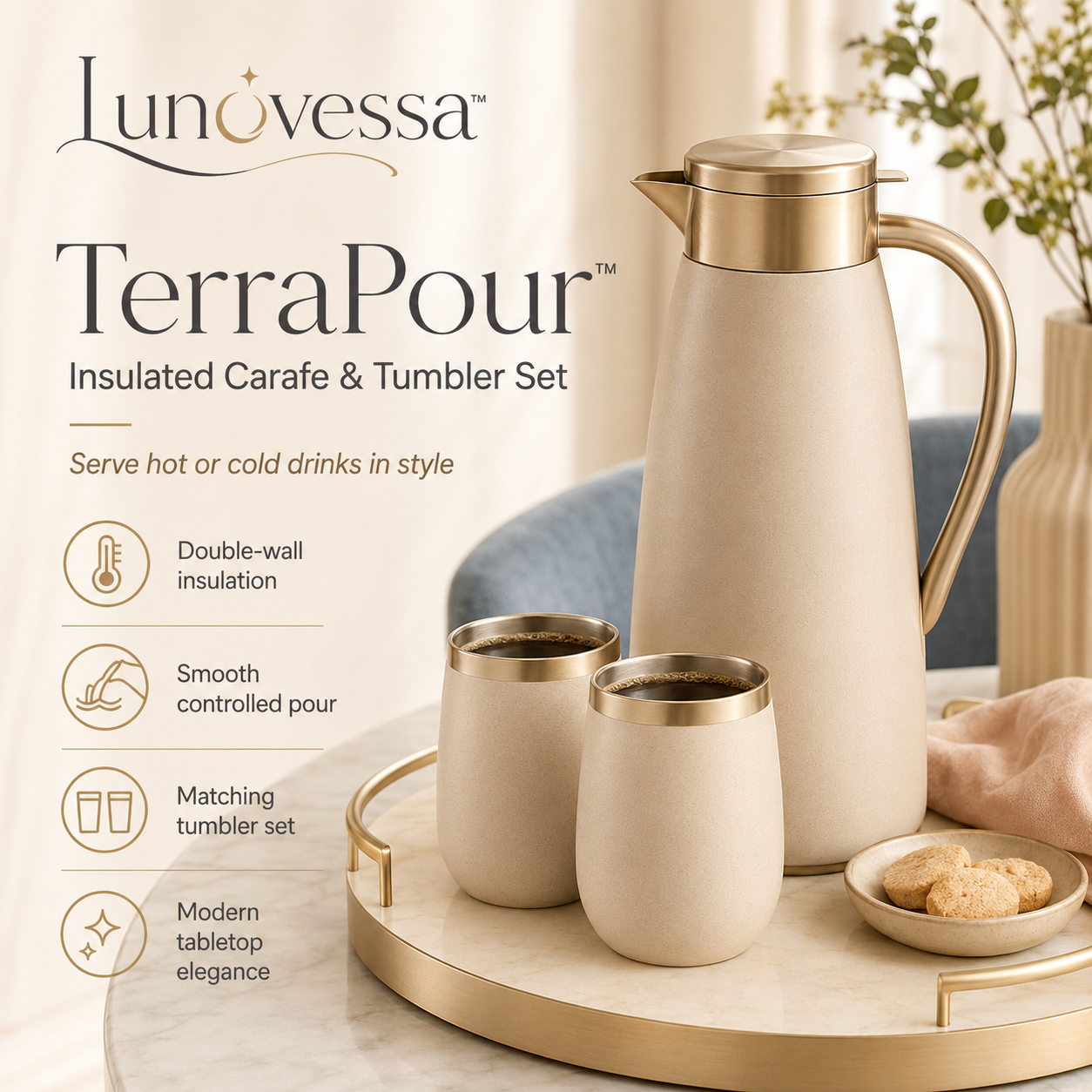 Lunovessa⢠TerraPour Insulated Carafe & Tumbler Set, Double-Wall Thermal Beverage Pitcher for Coffee, Tea & Cold Drinks