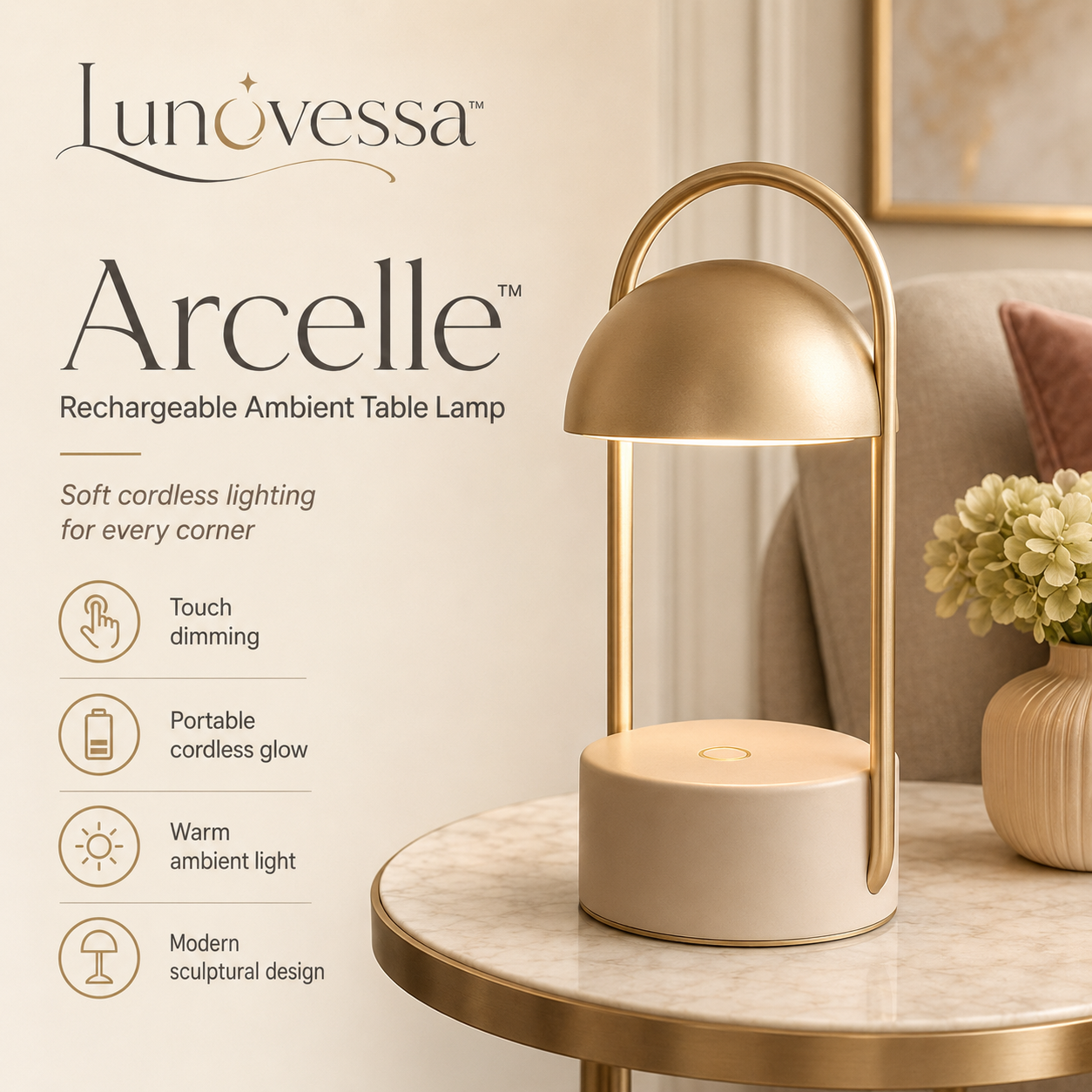 Lunovessa⢠Arcelle Rechargeable Table Lamp, Cordless Dimmable LED Touch Lamp for Bedroom, Dining Table, Patio & Office