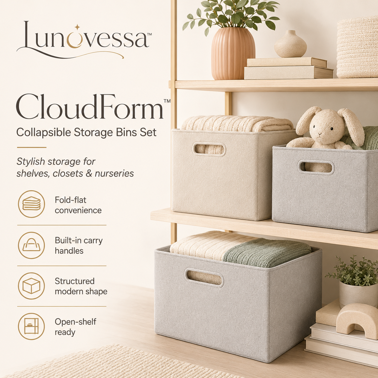 Lunovessa⢠CloudForm Collapsible Storage Bins Set of 3, Fabric Organizer Baskets with Handles for Closet, Shelf & Nursery