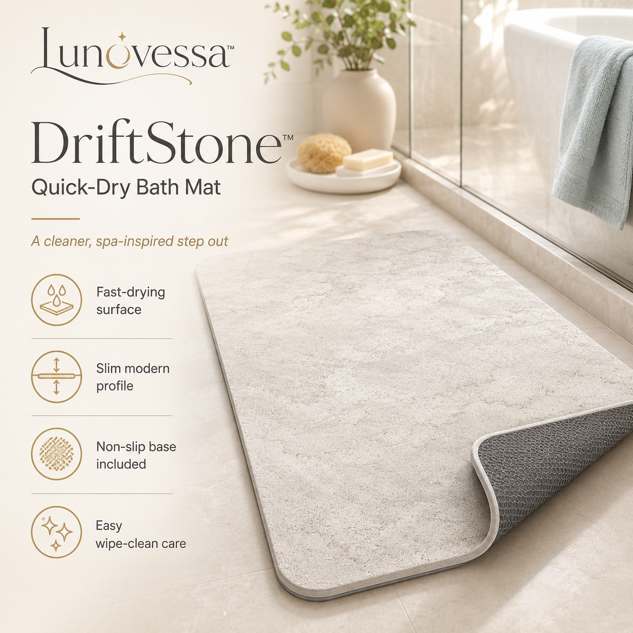 Lunovessa⢠DriftStone Quick-Dry Bath Mat, Diatomite-Style Stone Bathroom Mat with Removable Non-Slip Base