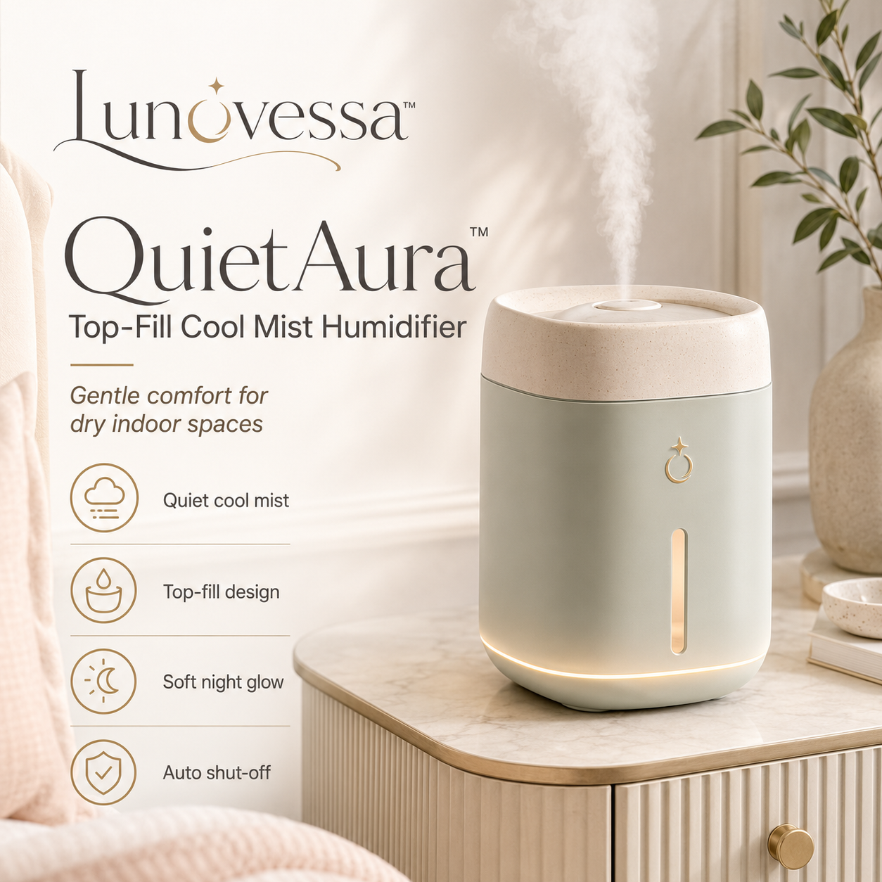 Lunovessa⢠QuietAura Top-Fill Cool Mist Humidifier, Quiet Bedroom Humidifier with Night Light & Auto Shut-Off