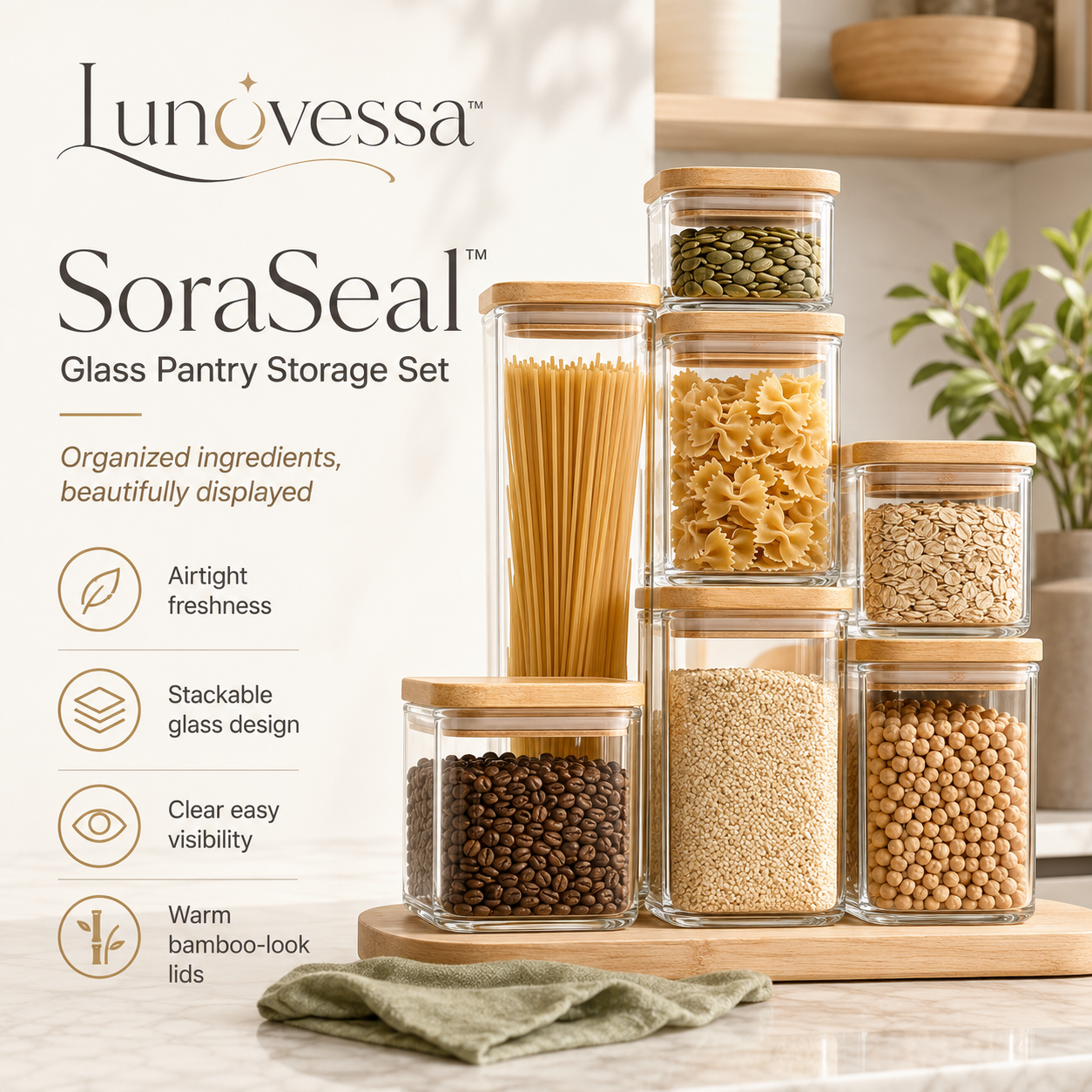 Lunovessa⢠SoraSeal Glass Pantry Storage Containers Set of 5, Airtight Stackable Kitchen Canisters with Bamboo-Look Lids