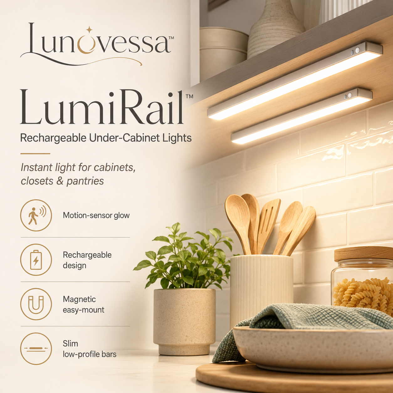 Lunovessa⢠LumiRail Rechargeable Under-Cabinet Lights Set of 2, Motion Sensor LED Light Bars for Kitchen & Closet