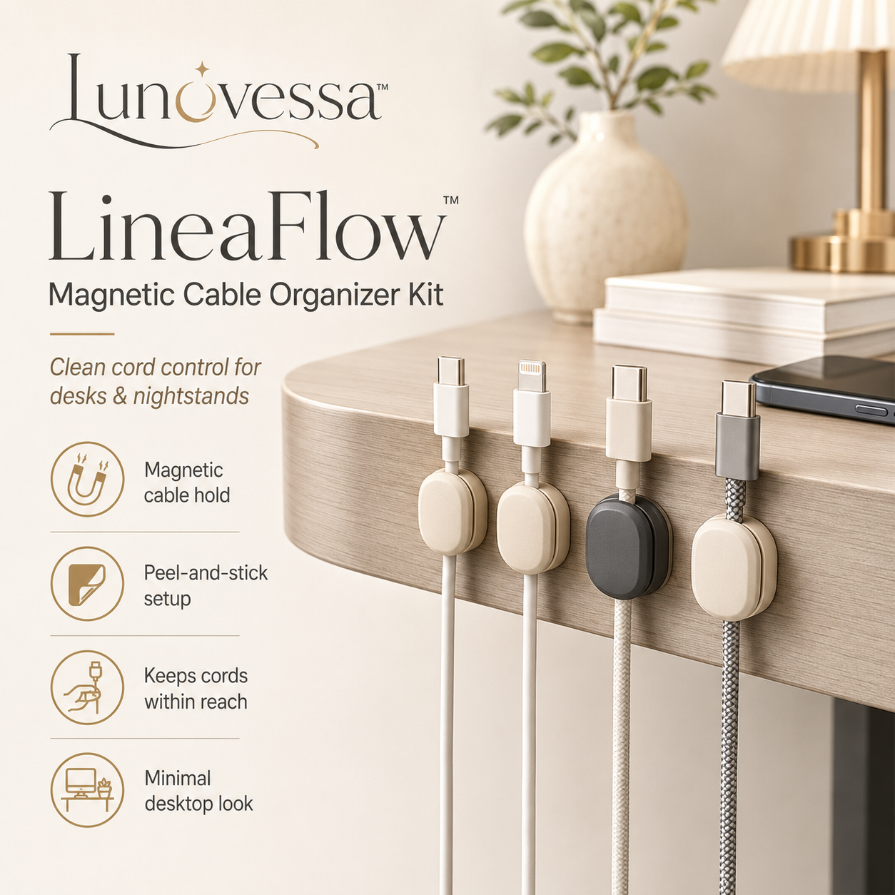 Lunovessa™ LineaFlow Magnetic Cable Organizer Kit, Desktop Cord Holders & Charging Wire Management Clips