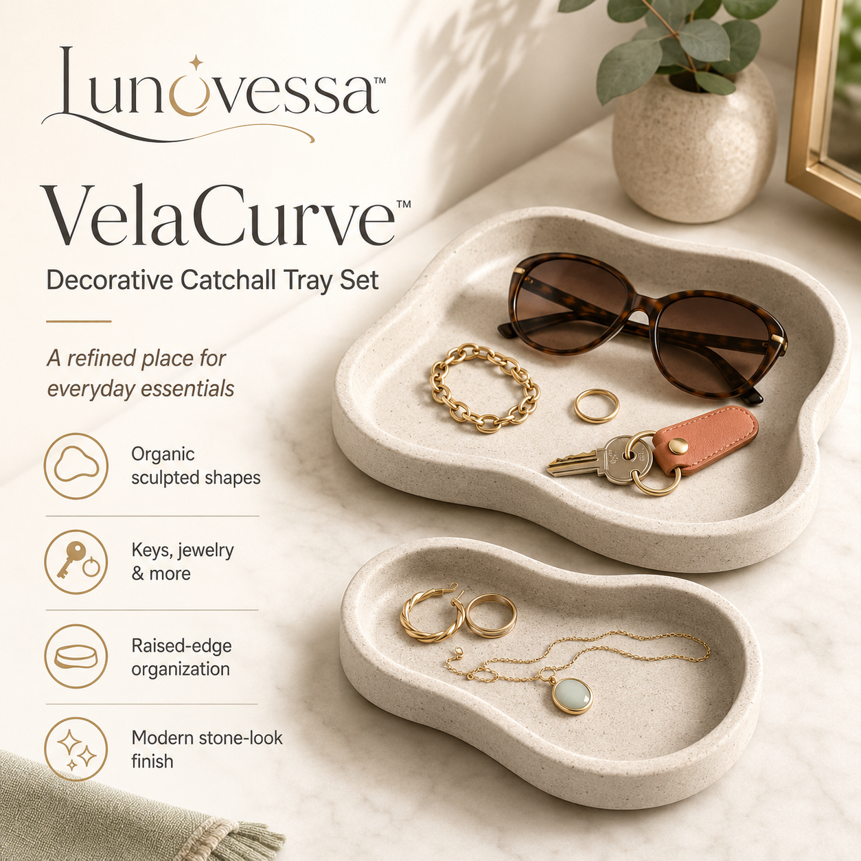 Lunovessa™ VelaCurve Decorative Catchall Tray Set, Modern Jewelry Dish, Entryway Key Tray & Vanity Organizer